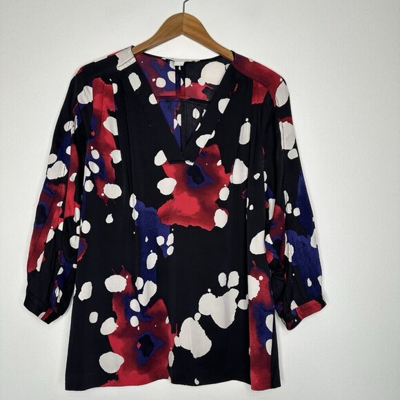 DVF Diane Von Furstenberg Silk Top Blouse Size 12 Black V Neck Career Artsy - Picture 1 of 10